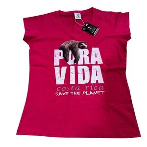 NWT hot pink Pura Vida Costa Rica graphic print short sleeved T-Shirt, sloth, M.